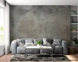 Sofá gris frente a una pared con efecto de pintar pared efecto envejecido. Alfombra peluda y mesa de centro metálica.