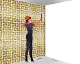 Mujer con boina naranja aplica papel tapiz con diseño de olivas. Muestra por dónde empezar a empapelar una pared, con herramientas en el suelo.