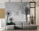 Un pasillo infinito con dientes de león y árboles crea un efecto visual para dar profundidad a una pared.