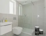 Moderno baño con ducha y lavabo. Latas de pintura para azulejos, perfectas para tus ideas para pintar azulejos baño.