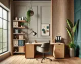 Escritorio moderno con detalles en madera y metal, estanterías, lámpara y plantas.