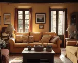 Acogedor salón con sofás y sillones en tonos cálidos, chimenea, lámparas y ventanas que evocan un **estilo toscano** rústico y confortable.