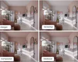 Cuatro vistas de una habitación con paredes y techos pintados del mismo color rosa pálido. Cada vista muestra un efecto diferente: alargar, estrechar, compactar y destacar.