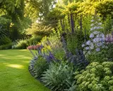Un jardín exuberante con césped verde y un borde de flores vibrantes, como salvia y campanillas, son excelentes plantas perennes ejemplos.