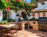 Ampliar cocina con terraza, ideal para disfrutar de barbacoas bajo buganvillas en flor. Mesa y sillas de forja, parrilla y campana extractora.