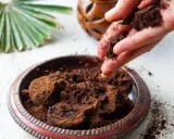 Mano esparciendo posos de café para plantas en un cuenco. Un abanico de hoja verde y un recipiente de madera en el fondo.