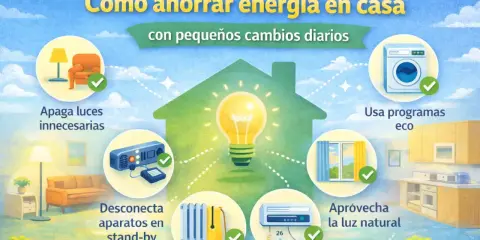 Guía visual para saber como ahorrar luz en casa: apaga luces, desconecta aparatos, usa programas eco, aprovecha luz natural.