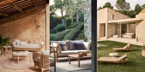 Porches rústicos con encanto: tres escenas de exteriores con mobiliario de madera y piedra, invitando al relax.