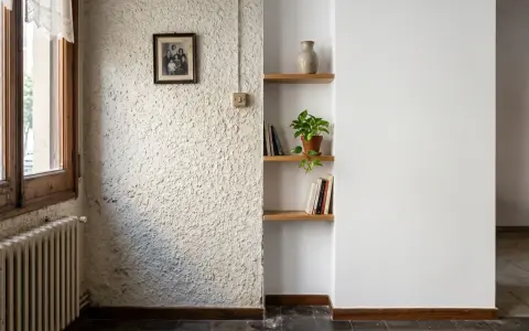 Un rincón con paredes lisas y otra con gotele, un retrato familiar, estanterías con libros y una planta.