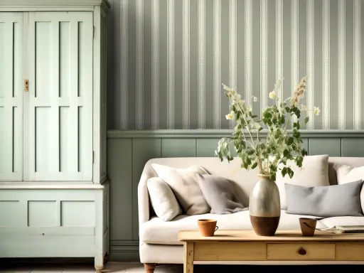 Un salón acogedor con un sofá beige, una mesita de madera y un armario antiguo. El papel para pared con gotele a rayas verdes y blancas crea un ambiente sereno.