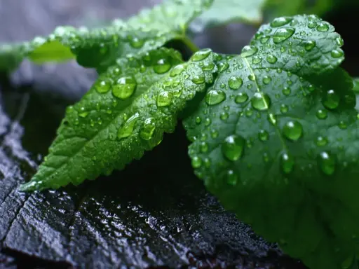 Gotas de agua cubren hojas verdes, un signo de exceso de agua en las plantas. La textura rugosa de la madera oscura contrasta con la frescura de la vegetación.