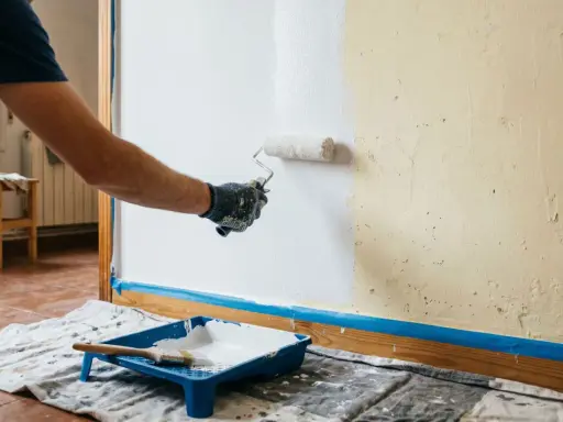 Hombre pintando una pared lisa de blanco con rodillo. Bandeja de pintura y brocha a la vista.