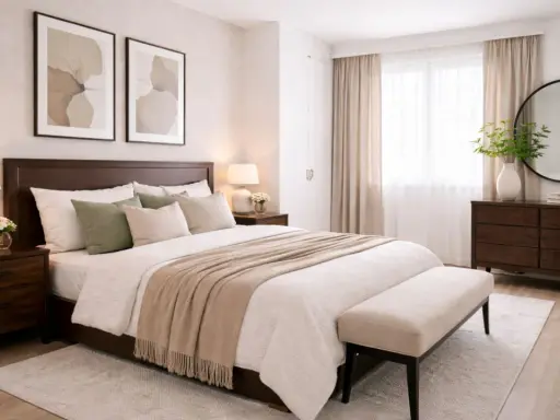 Habitación serena con cama de madera oscura, ropa de cama beige y verde salvia, y cuadros abstractos. Los colores de la habitación crean un ambiente acogedor.
