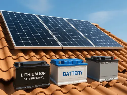 Paneles solares sobre un tejado, junto a tres acumuladores de luz: uno negro de litio, uno blanco y uno gris.