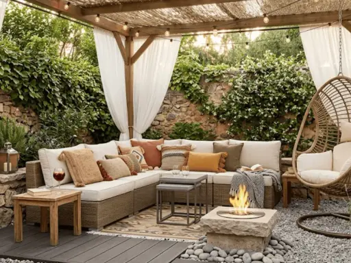 Acogedora zona chill out exterior con sofá modular, sillón colgante, hoguera y cortinas blancas. Un rincón perfecto para relajarse.