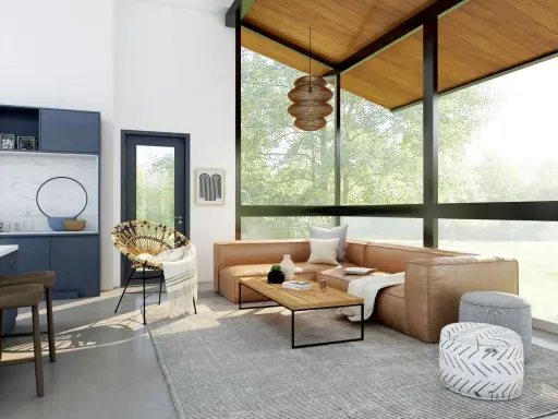 Sofá de cuero marrón, mesa de centro de madera, alfombra gris, silla de mimbre y pufs decorados con patrones, ejemplos de **ruido visual** en un salón moderno.