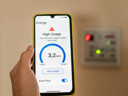 Un teléfono muestra cómo se mide el consumo eléctrico con 3,2 kWh y alerta de alto uso.