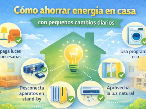 Guía visual para saber como ahorrar luz en casa: apaga luces, desconecta aparatos, usa programas eco, aprovecha luz natural.