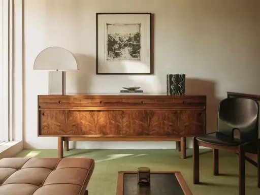 Elegante aparador de madera con **mid century decoracion**, lámpara de diseño, cuadro y silla de cuero.
