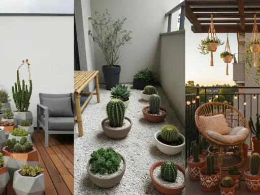 Balcones llenos de vida con jardineras con cactus y suculentas, creando oasis verdes y modernos.