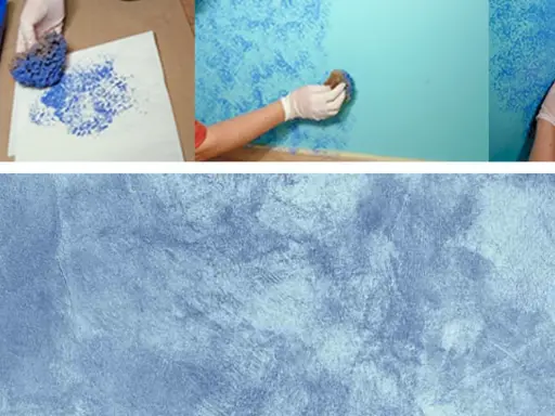 Manos con guantes crean originales pintar paredes con efectos texturizados usando esponjas y pintura azul.