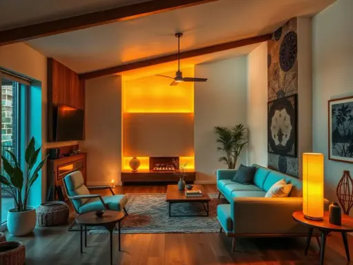 Salón de estilo mid century con sofá azul, chimenea iluminada y vigas de madera.