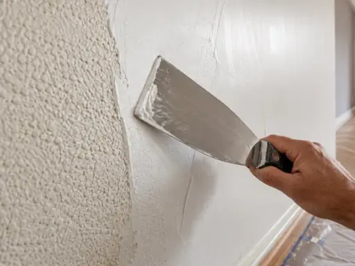 Mano aplica yeso con espátula para alisar paredes. Averigua cuanto vale alisar paredes para renovar tu hogar.
