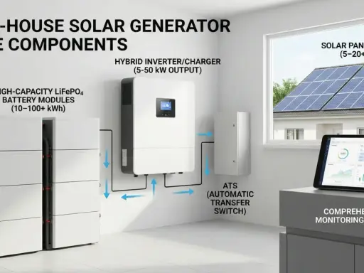 Componentes de un generador solar para el hogar: baterías, inversor, ATS y monitorización. Estas tecnologías energéticas aseguran tu autosuficiencia.