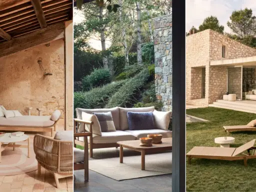 Porches rústicos con encanto: tres escenas de exteriores con mobiliario de madera y piedra, invitando al relax.