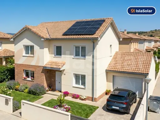 Casa moderna con paneles solares en el tejado, promoviendo el ahorro con paneles solares. Jardín cuidado y coche aparcado.