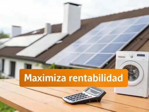 Paneles solares en tejado, lavadora y calculadora sobre mesa. Mensaje: "Maximiza rentabilidad" para tu excedente solar.