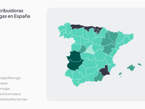 Mapa de España con áreas coloreadas que representan las distribuidoras de gas: Nedgia, Redexis, Nortegas, Gas Extremadura y Madrileña Red de Gas.