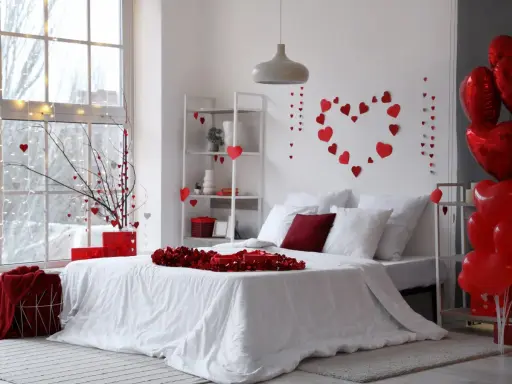 Un dormitorio decorado con un estilo romántico, lleno de corazones rojos y globos, ideal para San Valentín.