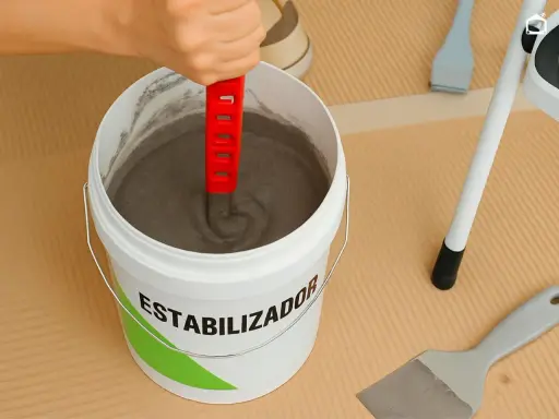 Mezclando estabilizador en un cubo para quitar gotele al temple. Herramientas de bricolaje a mano.