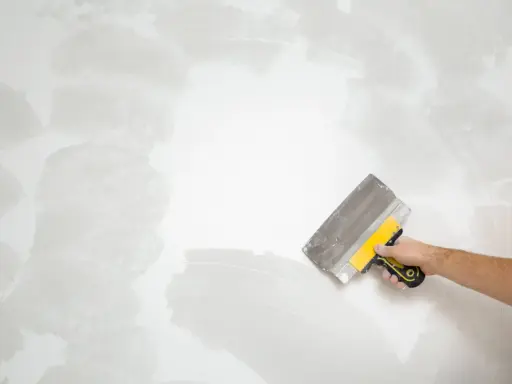 Mano con espátula trabajando en pared rugosa, como quitar pintura.