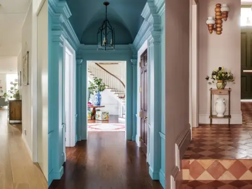 Paleta de colores para pasillos: tonos neutros, azul cielo y rosa pálido crean ambientes acogedores y elegantes.