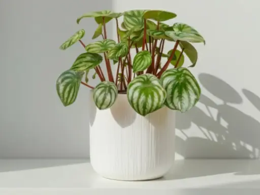 Peperomia sandía en maceta blanca. Sus cuidados son sencillos para tenerla radiante.