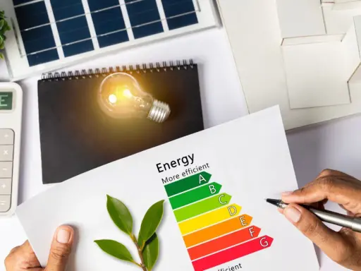 Calculadora muestra "SAVE". Hoja con etiqueta energética y bombilla. ¿Cuánto consume un ordenador en euros?