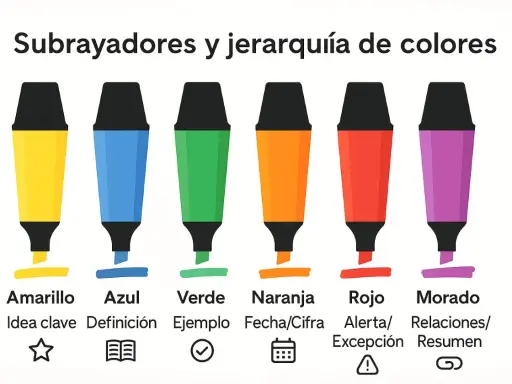 Subrayadores y jerarquía de colores: amarillo para ideas clave, azul para definiciones. ¿Cuál es el mejor color para estudiar? ¡Todos son útiles!