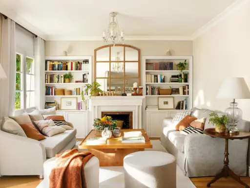 Un salón acogedor con sofás blancos y madera, sobre un fondo de color de pared para muebles blancos y madera.