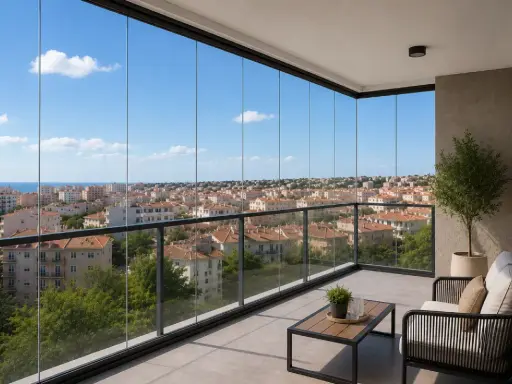 Balcón con una **fachada de cristal** que ofrece vistas panorámicas de una ciudad costera bajo un cielo azul.