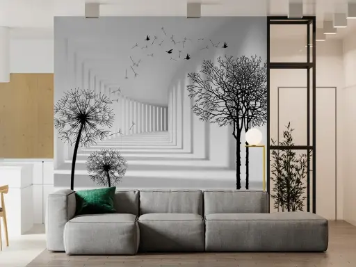 Un pasillo infinito con dientes de león y árboles crea un efecto visual para dar profundidad a una pared.
