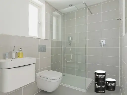 Moderno baño con ducha y lavabo. Latas de pintura para azulejos, perfectas para tus ideas para pintar azulejos baño.