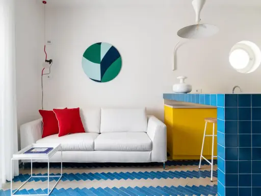 Sofá blanco, cojines rojos y suelo con **estilos de diseño** geométricos. Barra de cocina azul brillante y gabinetes amarillos vibrantes.