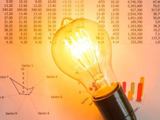 Bombilla incandescente sobre gráficos y tablas. ¿Qué es la tarifa indexada luz? Representa la fluctuación de precios en el mercado eléctrico.