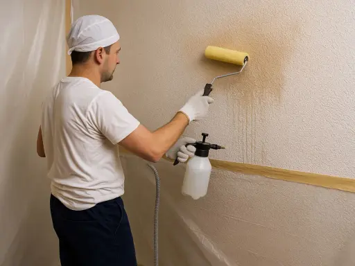 Hombre con rodillo y pulverizador, trabajando para quitar gotele plástico de la pared.