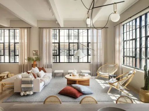 Salón con estilo industrial nórdico: sofá blanco, mesas de centro de madera, sillas de ratán y grandes ventanales.