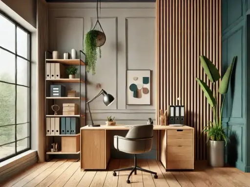 Escritorio moderno con detalles en madera y metal, estanterías, lámpara y plantas.
