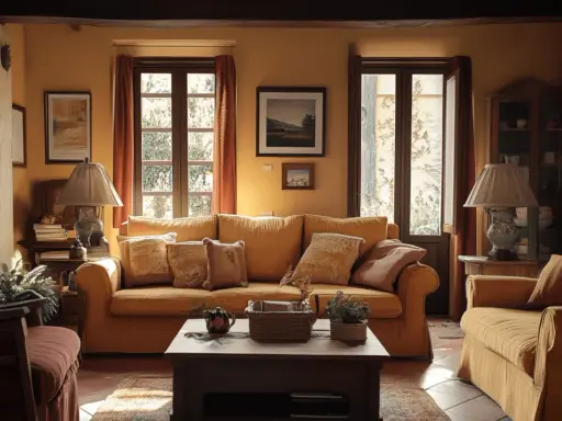 Acogedor salón con sofás y sillones en tonos cálidos, chimenea, lámparas y ventanas que evocan un **estilo toscano** rústico y confortable.