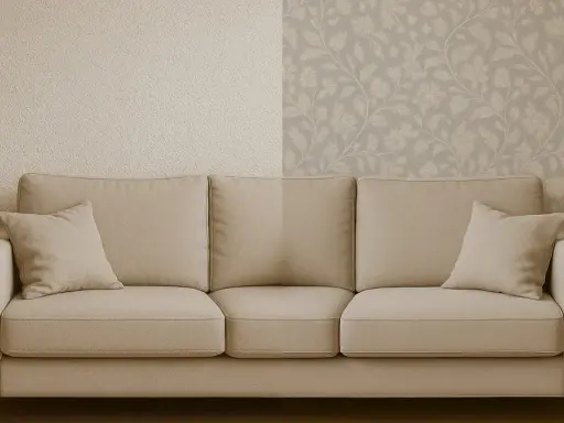 Sofá beige frente a pared dividida: una mitad con gotelé y la otra con papel pintado floral.